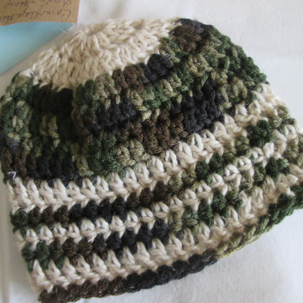 Camouflaged Hand Crocheted Baby Hat, Hemp and Acry
